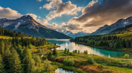 Mountain valley with soft clouds and golden dawn light.