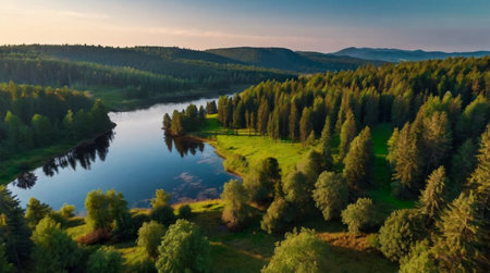 Breathtaking panoramic view of alpine mountains glowing under soft morning light with clouds...