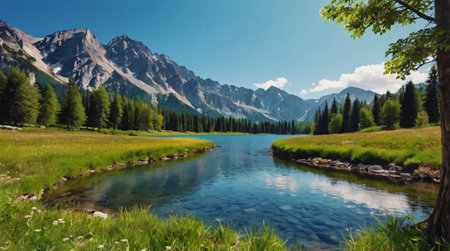 Serene forest clearing bathed in morning sunlight.
