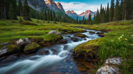 Glacier peaks shining beneath clear blue skies in pristine alpine environment.
