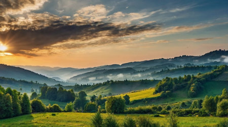 Golden wheat field swaying under warm summer sunset breeze.