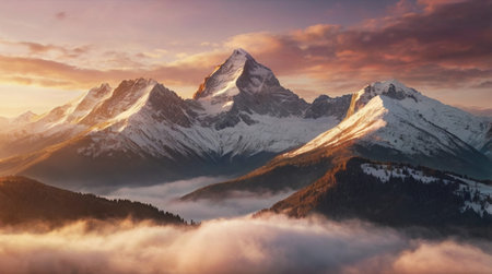 Snowy alpine valley glowing under pink and purple sunrise colors.