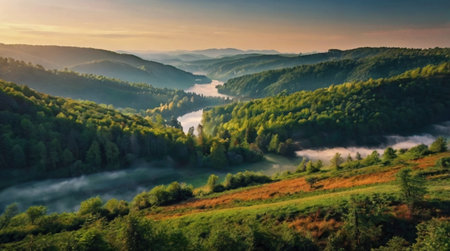 Rolling green hills under bright summer clouds.