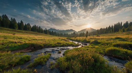 Waterfall at sunrise with mist illuminated by sunlight.
