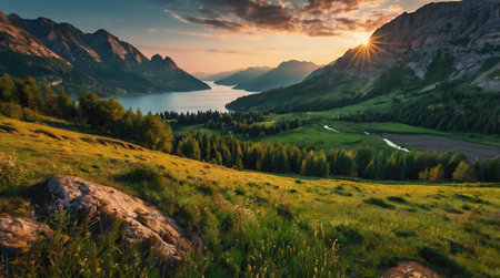 Panoramic view of the lake and mountains at sunset. Beautiful summer landscape.