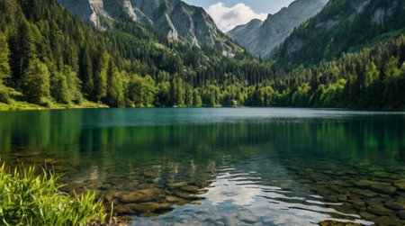 Panoramic view of beautiful alpine lake with crystal clear water in mountains