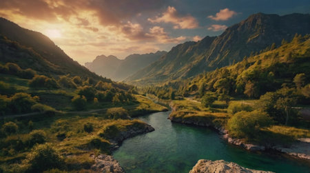 Aerial view of the river in the mountains at sunset. Beautiful summer landscape.