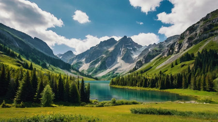 Panoramic view of the lake in the mountains. Summer landscape.