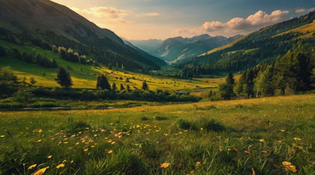 Mountain meadow at sunset in summer. Landscape in the mountains.