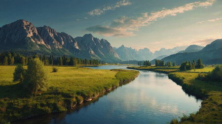 Panoramic view of alpine meadow and mountains at sunset