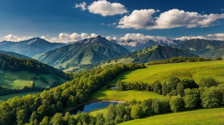 Panoramic view of the valley in the mountains. Beautiful summer landscape.
