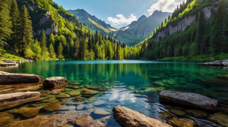 Beautiful alpine lake with crystal clear turquoise water and mountains on background