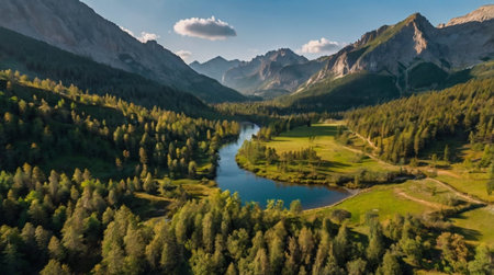 Aerial view of mountain lake and forest. Dolomites, Italy