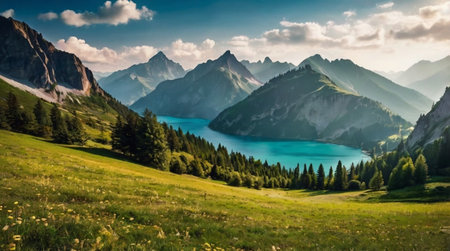 Panoramic view of the mountain lake