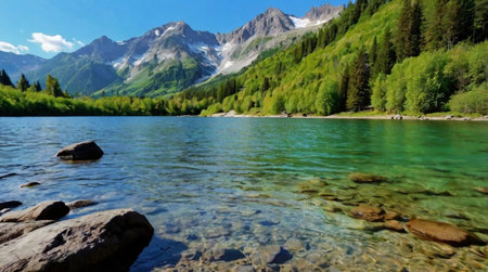 Mountain lake with clear water and mountains in the background