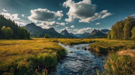 Beautiful mountain landscape with river and forest in the Altai mountains