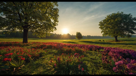 Beautiful sunset in the spring field with blooming flowers and trees