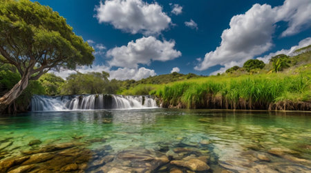 Panoramic view of a waterfall on the island of Crete, Greece
