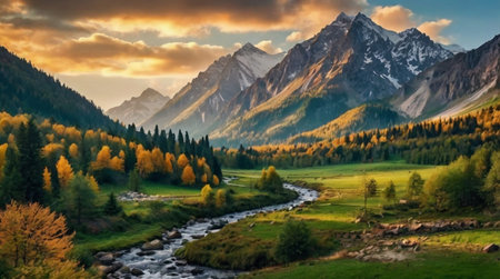 Beautiful autumn landscape. Mountain river in the mountains at sunset.