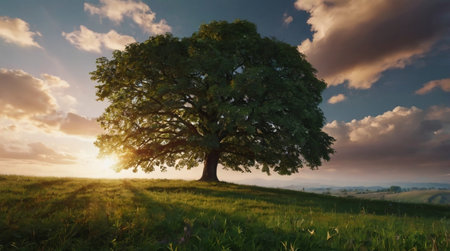 Lonely oak tree in the meadow at sunset, 3d render