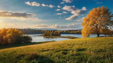 Autumn landscape with a lake and trees in Bavaria, Germany