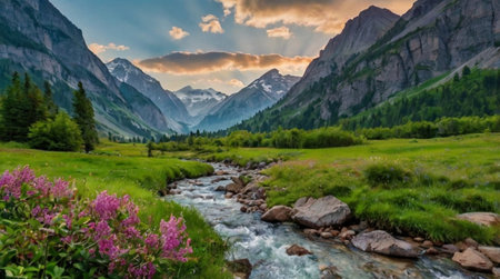 Panoramic view of the mountain river in the Alps at sunset