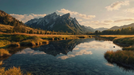 Reflection of the mountains in the water of the mountain lake.