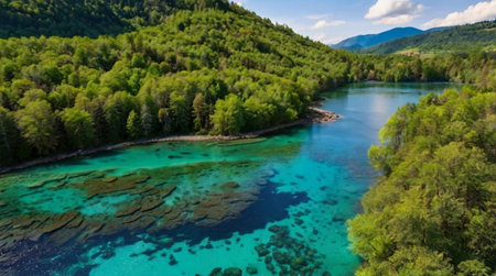 Aerial view of turquoise waters of Plitvice Lakes National Park, Croatia