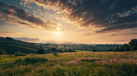 Sunset in Tuscany, Italy. Landscape with green field and mountains