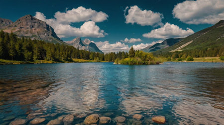 Mountain lake with reflection of mountains and clouds in the water.