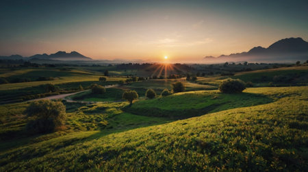 Sunset over the meadow with mountains in the background. Beautiful summer landscape.