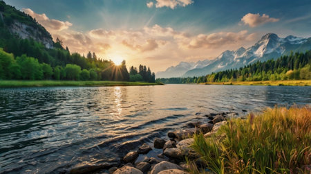 Sunset over the lake in the Bavarian Alps in Germany.の写真素材
