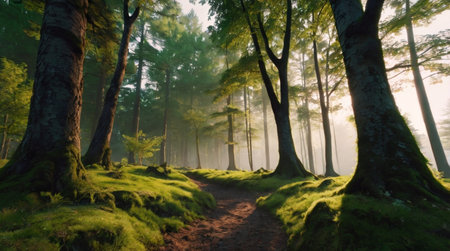 Trees in a foggy forest at sunrise with a trail leading through
