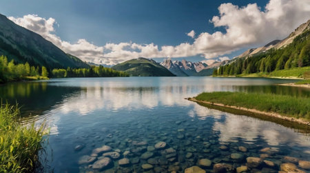Panoramic view of alpine lake in the Alps, Switzerland