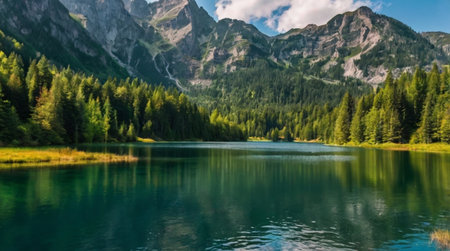 Panoramic view of alpine lake in the Dolomites, Italy