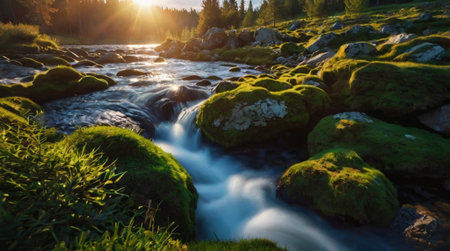 Mountain river in the Ukrainian Carpathian Mountains at sunset.