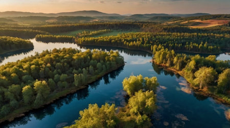 Aerial view of beautiful summer landscape with river and forest at sunset