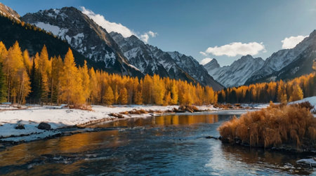 Autumn alpine landscape with mountain river and yellow larches.