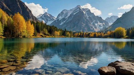 panoramic view of autumn alpine lake with reflection in water