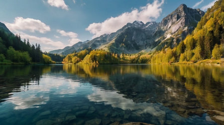 panoramic view of alpine lake with reflection of mountains in water