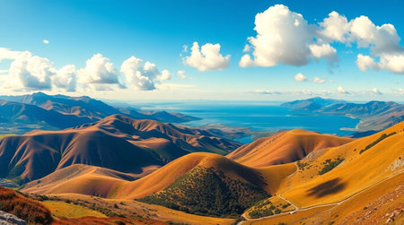 Panorama of the mountains and the sea. Beautiful summer landscape.