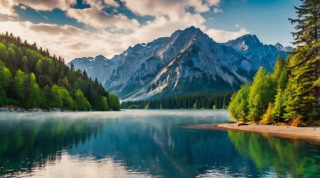 Panoramic view of Lake Misurina in the Dolomites, Italy