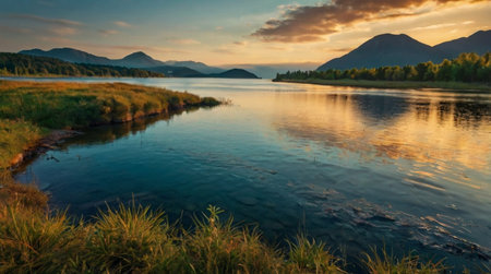 Panoramic view of a mountain lake at sunset. Beautiful summer landscape.
