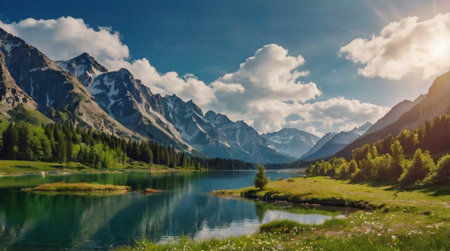 panoramic view of alpine lake with reflection of mountains and clouds
