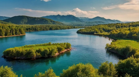 Panoramic view of the river Katun in the Altai Republic.