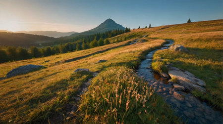 Panoramic view of mountain landscape at sunset. Carpathian, Ukraine