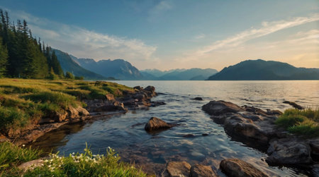 Mountain lake in the morning. Landscape with mountains and lake