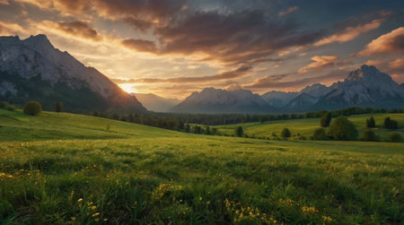 Majestic sunset in the mountains landscape. Panoramic view.