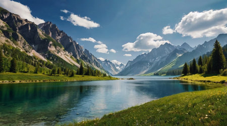 Panoramic view of a mountain lake in the Dolomites