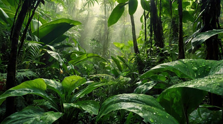 Tropical rainforest with sunbeams and green leaves.